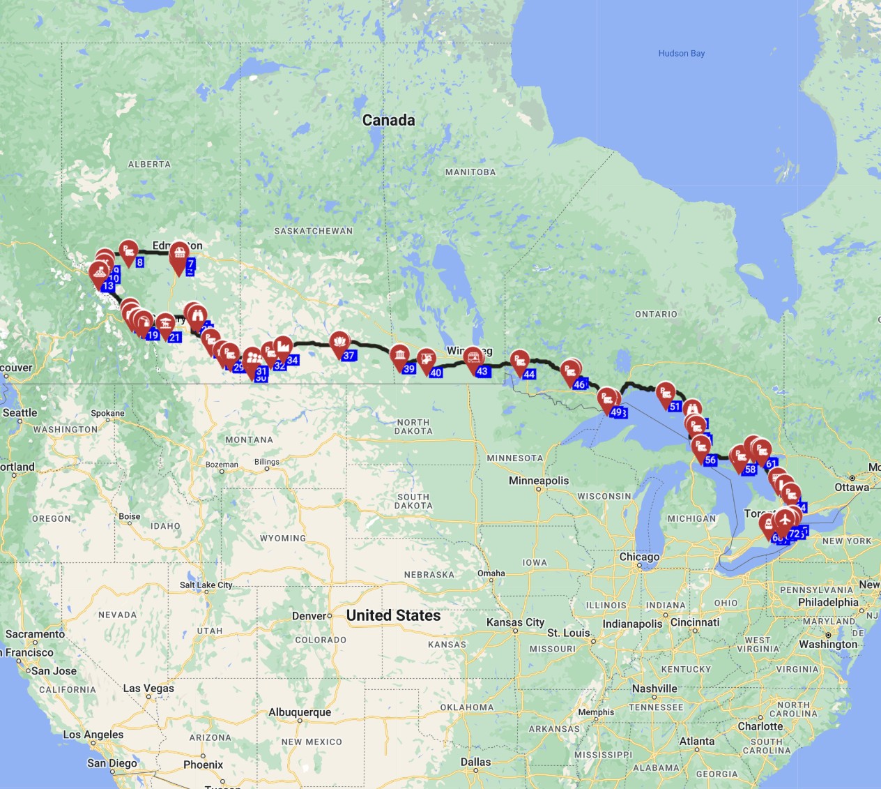 Recommended RV trip in Canada from Edmonton to Toronto motorhome trip planner